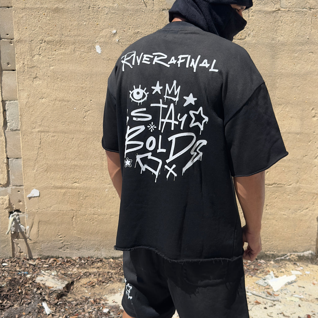 Black RIVERAFINAL Sun Fade Raw Edge Tshirt